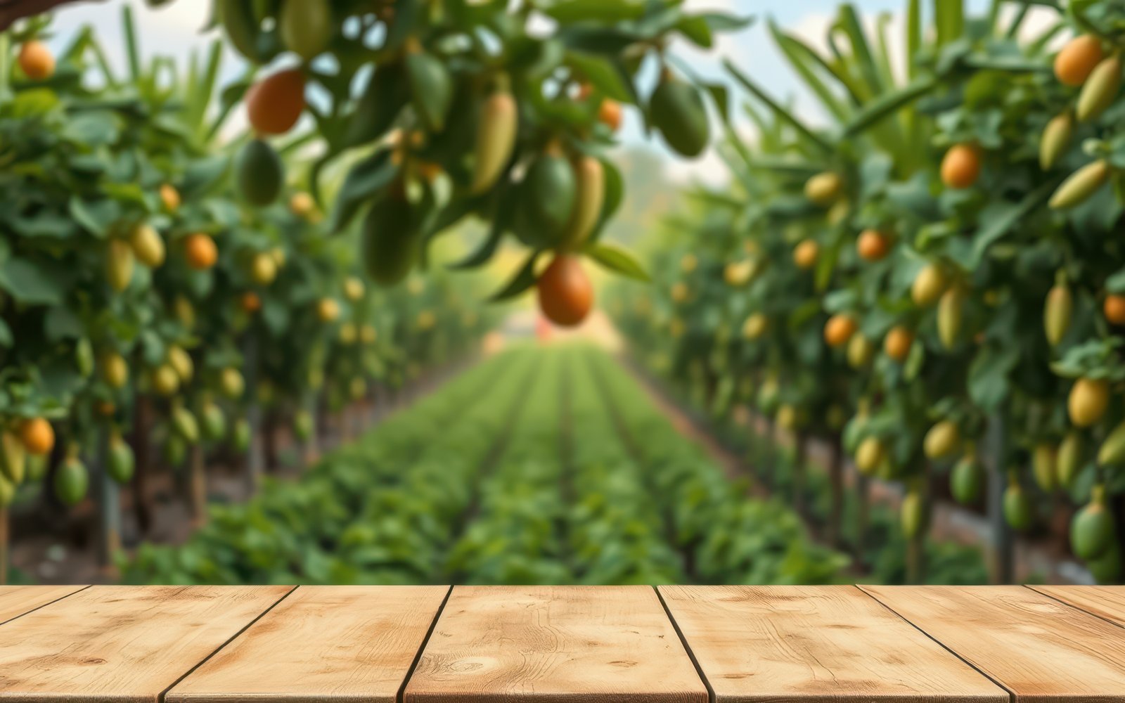 Vibrant mango orchard with ripening fruits and wooden table in the foreground during daylight